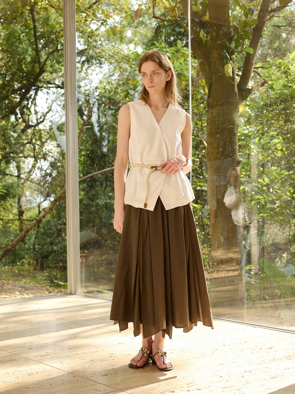 Textured Linen Blend Cross Sleeveless Vest with Belt