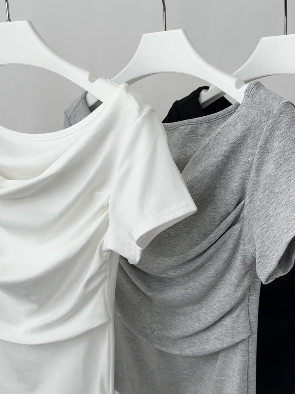 Draped Boat Neck Ruched Fitted T-Shirt