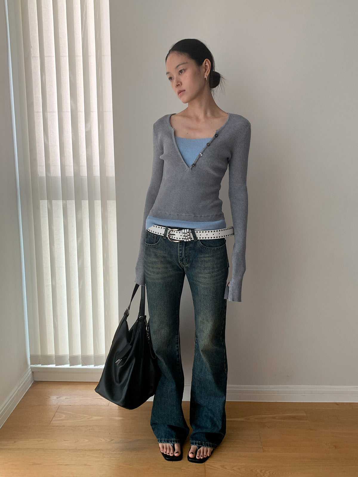 Illusion Two Tops V-Neck Ribbed Long Sleeve Top