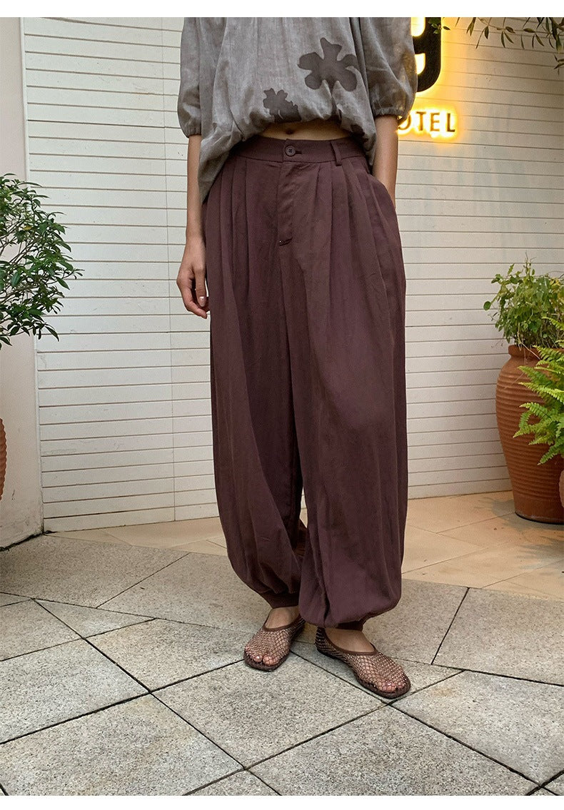 Lyocell High-Waist Pleated Casual Drawstring Lantern Pants