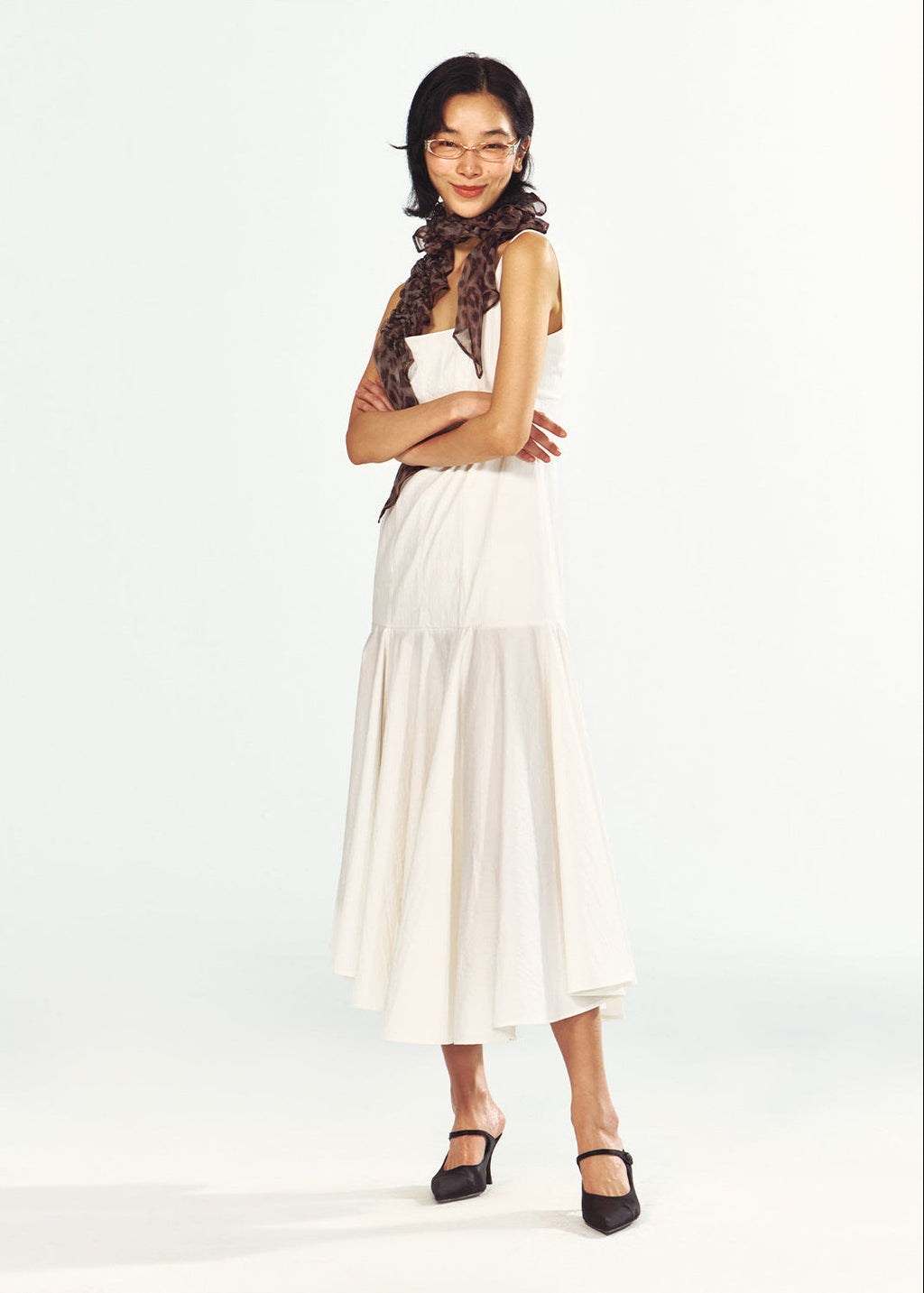 Square-Neck Fitted Bodice Midi Dress with Gathered Flare Skirt