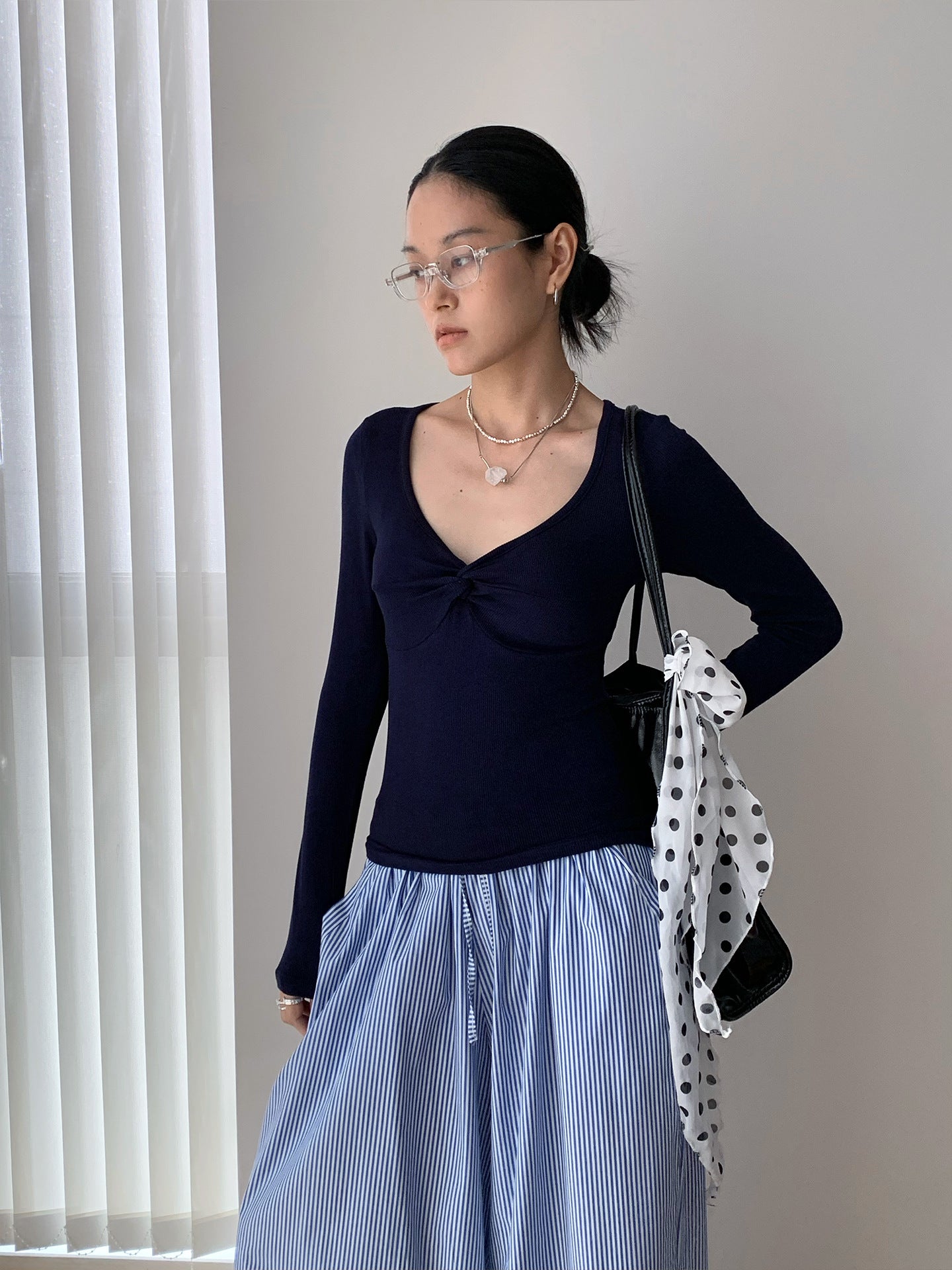 Twist Front Scoop Neck Long Sleeve Top