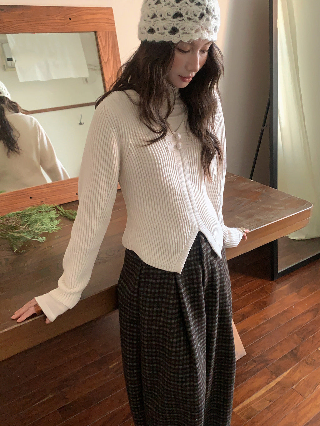 Frog Button V-Neck Striped Long-sleeve Slim-Fit Sweater