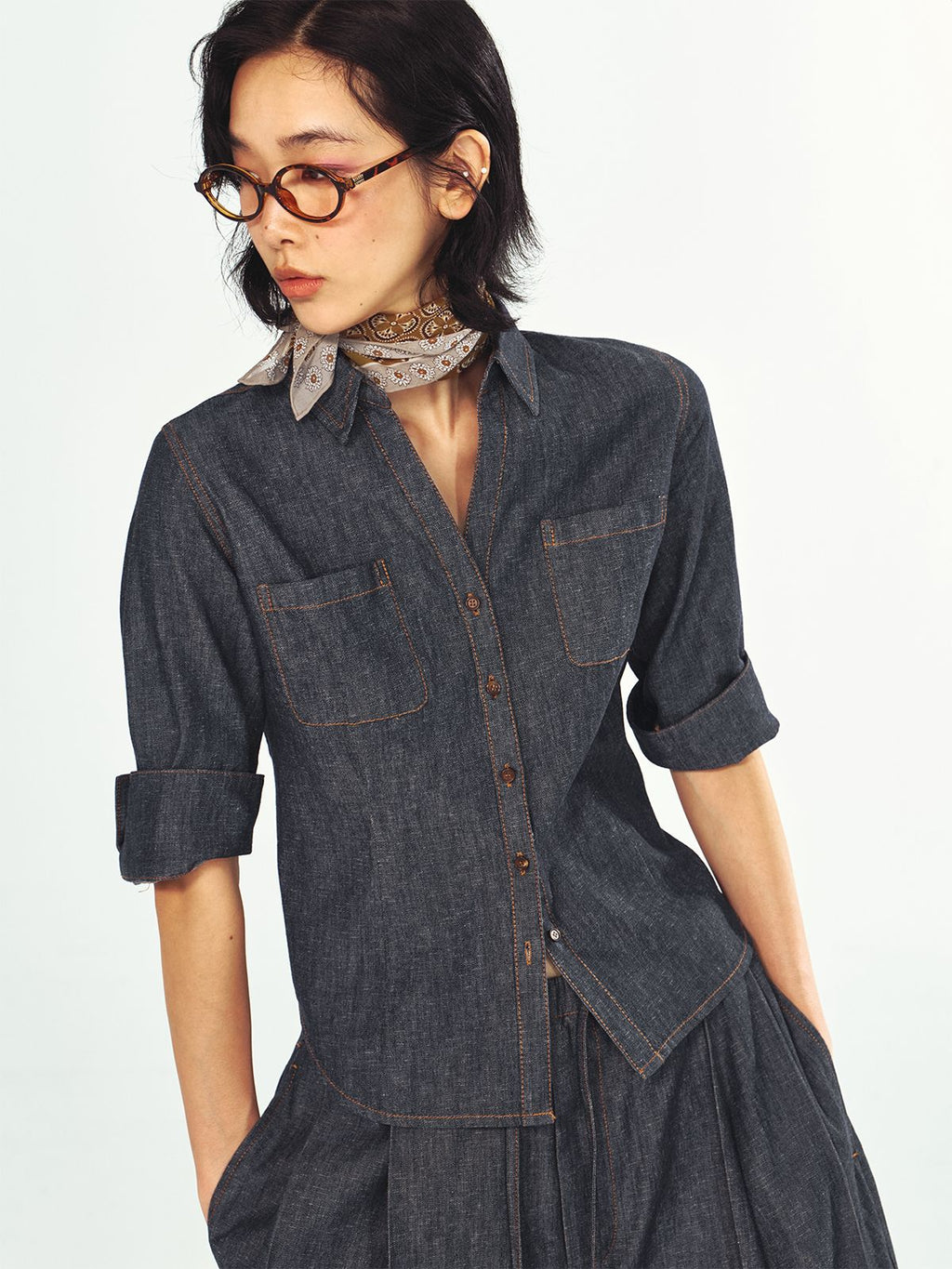 Linen Cotton Waist-Cinching Denim Shirt