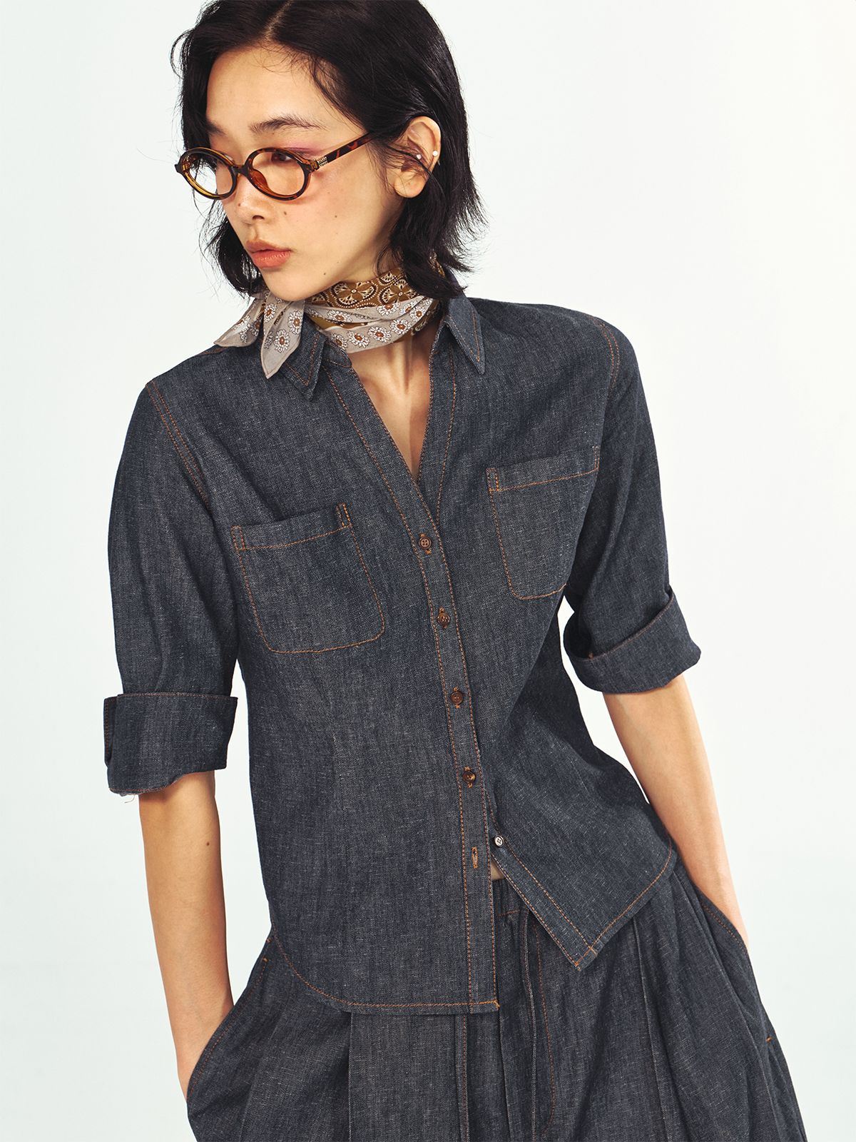Linen Cotton Waist-Cinching Denim Shirt