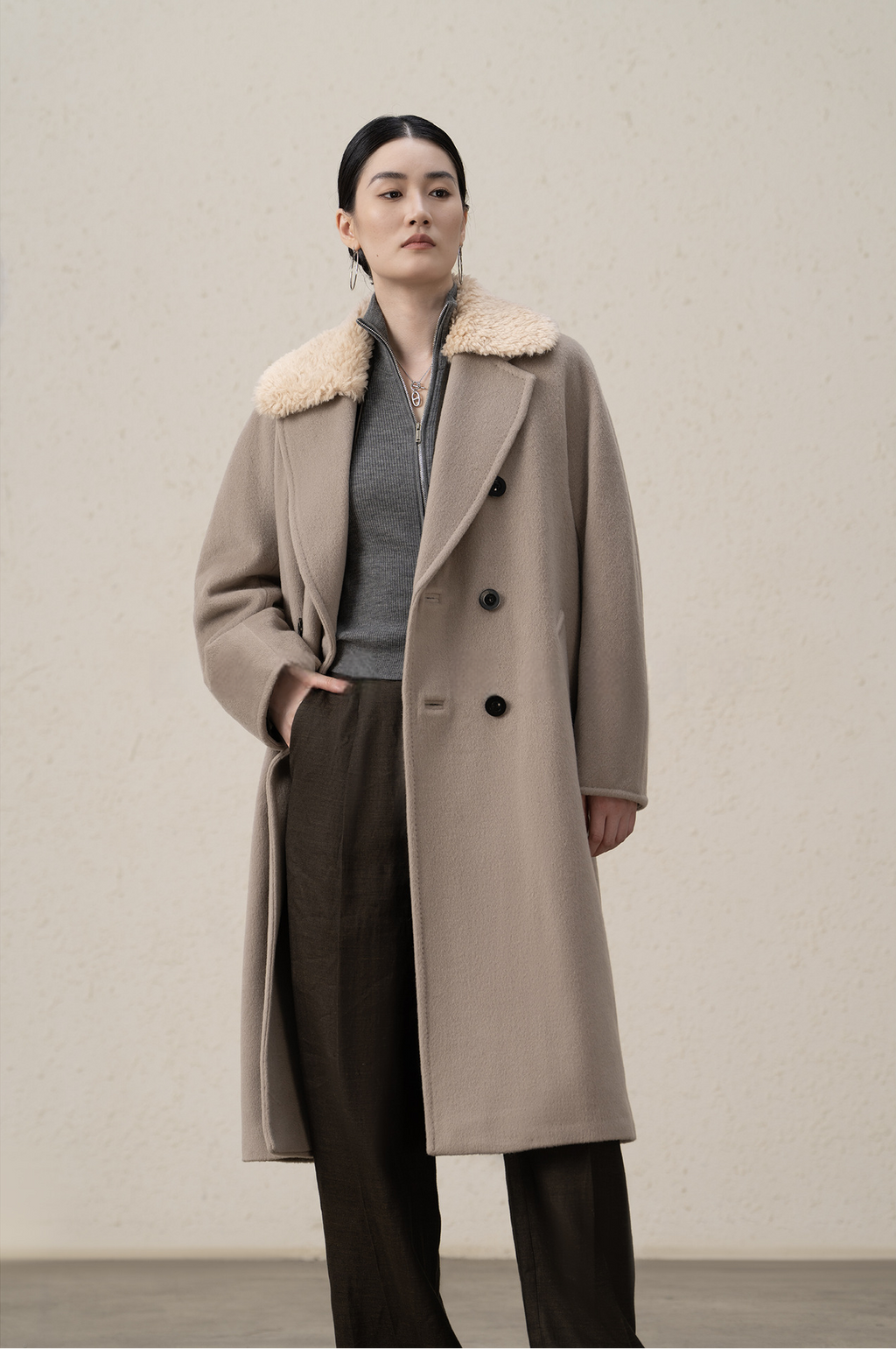 Double-Breasted Merino Wool & Cashmere Coat with Shearling Collar