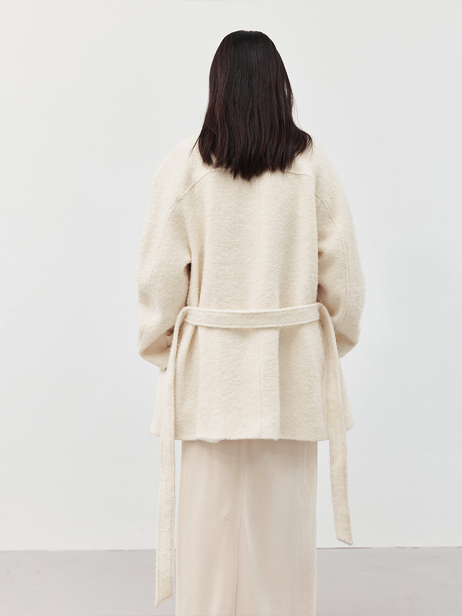 Solid Color Alpaca Warm Wool Coat with Waist Belt