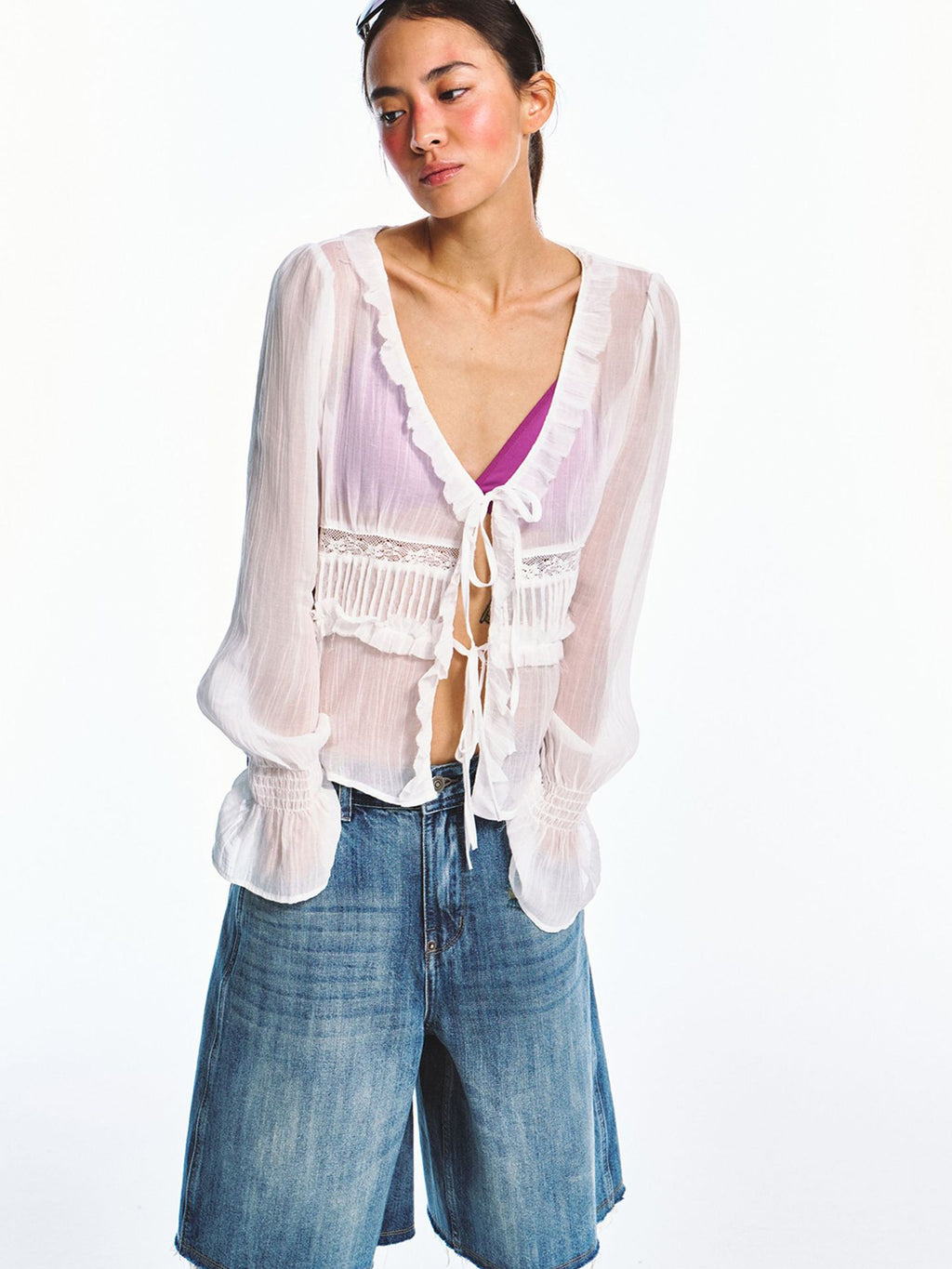 Translucent Lace V-neck Lantern Sleeve Cardigan Shirt