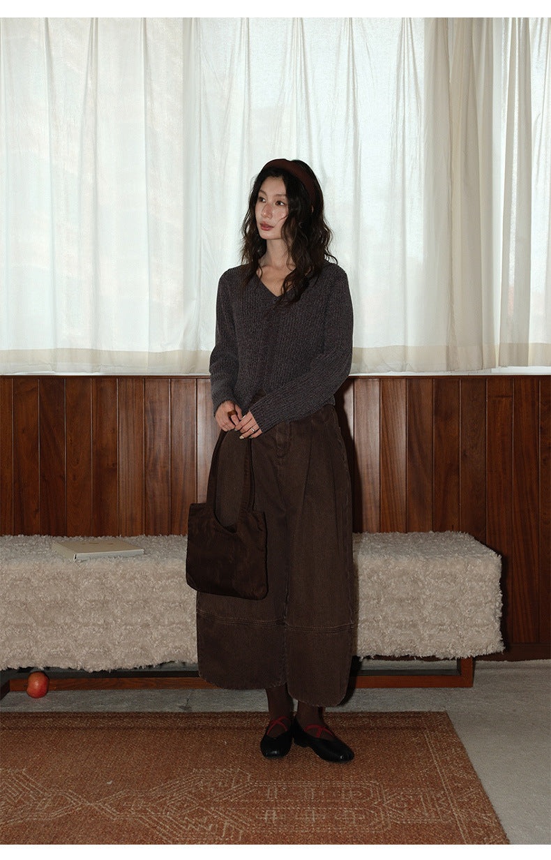 Frog Button V-Neck Striped Long-sleeve Slim-Fit Sweater