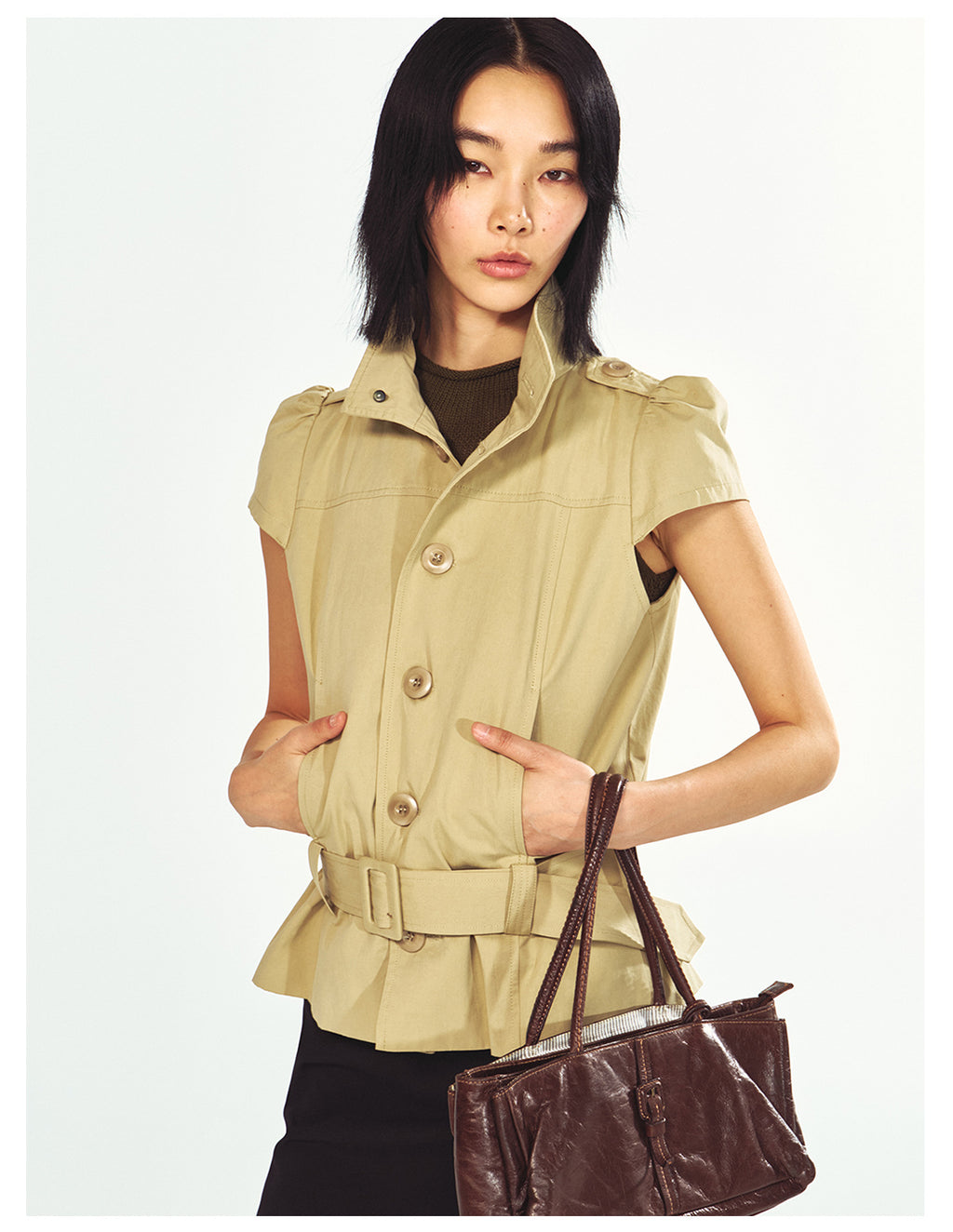 Fashionable Stand Collar Single-Breasted Buckle Lace-Up Jacket Top