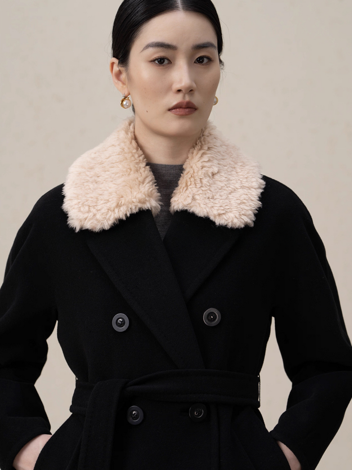 Double-Breasted Merino Wool & Cashmere Coat with Shearling Collar