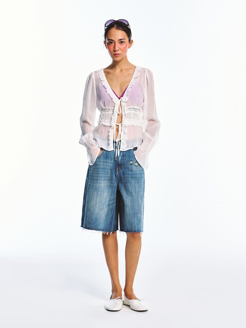 Translucent Lace V-neck Lantern Sleeve Cardigan Shirt