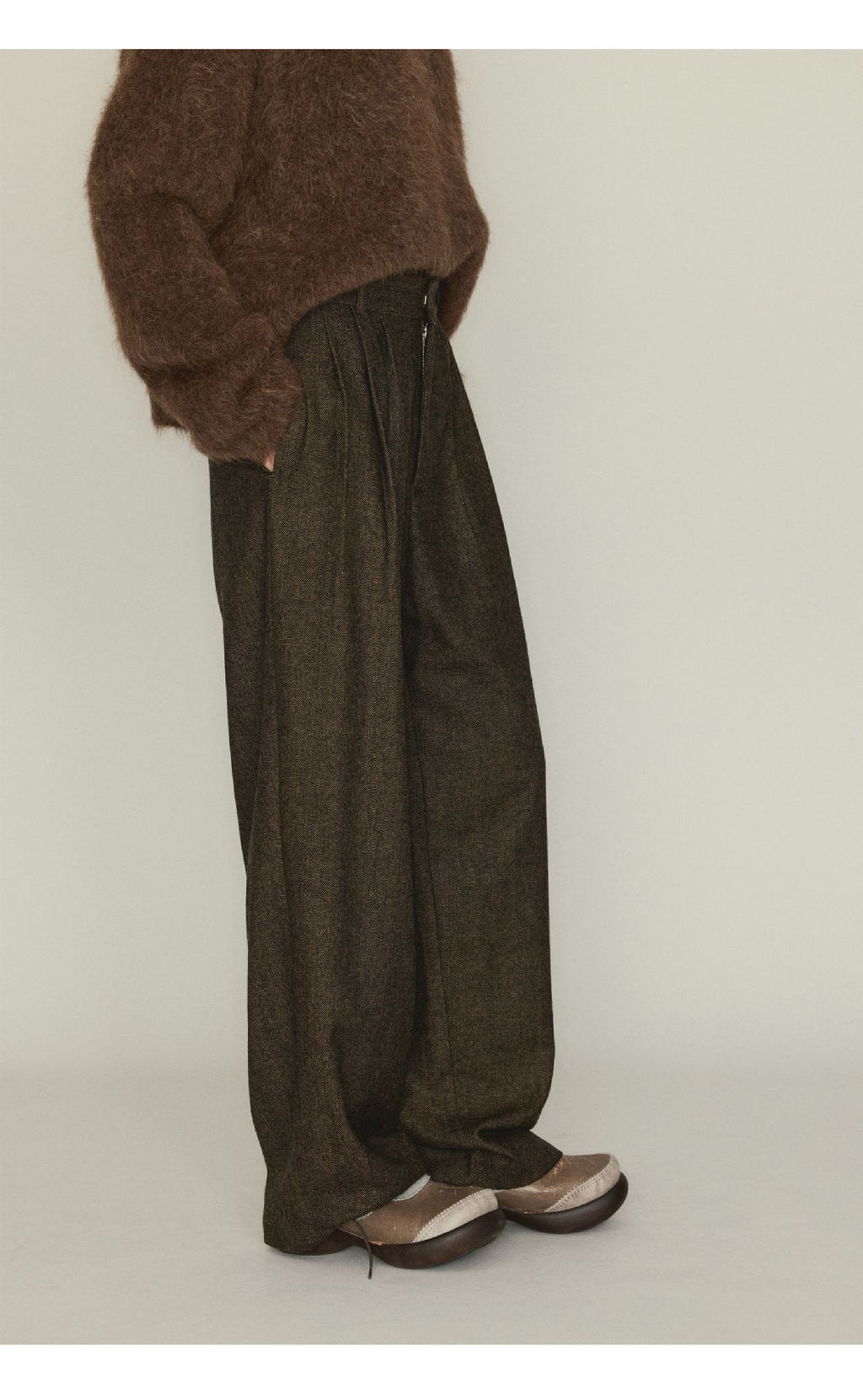 Versatile Herringbone Wool Blend Low-waisted Casual Trousers