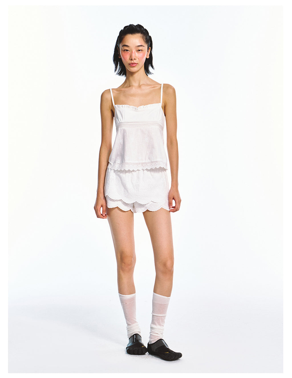 Linen-cotton Layered Embroidered Elastic Waist Mini Skirt with Shorts