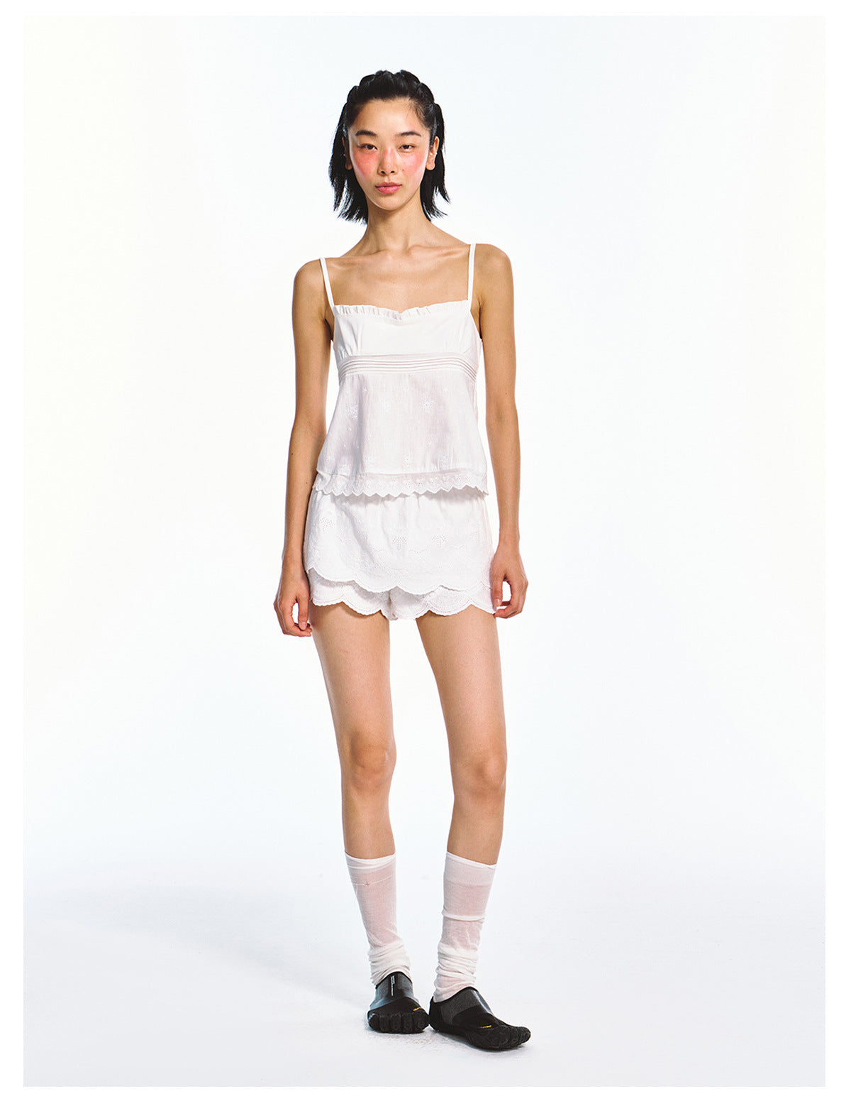 Linen-cotton Layered Embroidered Elastic Waist Mini Skirt with Shorts