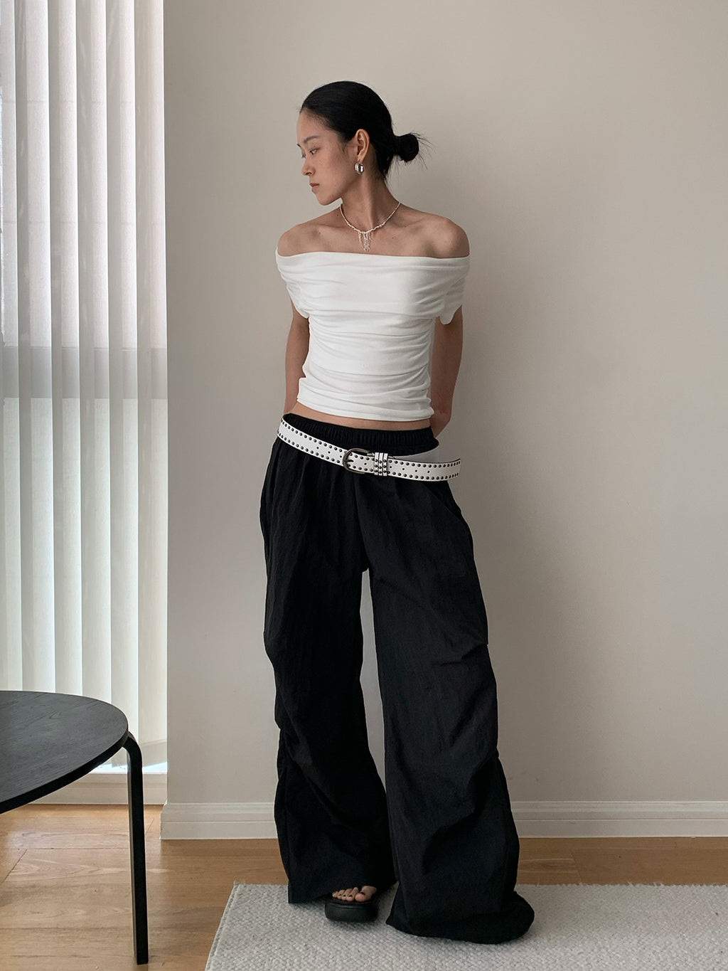 Draped Boat Neck Ruched Fitted T-Shirt