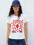 Polka Dot Strawberry Print Crew Neck Cotton T-Shirt Top