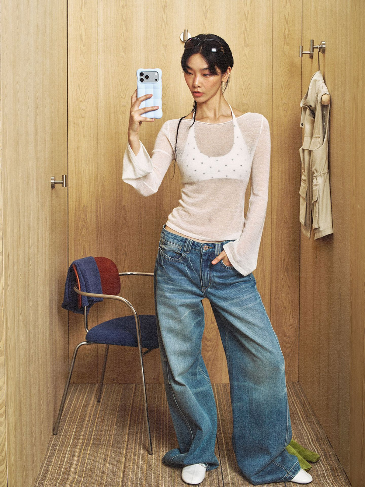 Ultra-fine Sheer Long-sleeve Boat-neck Knit Top