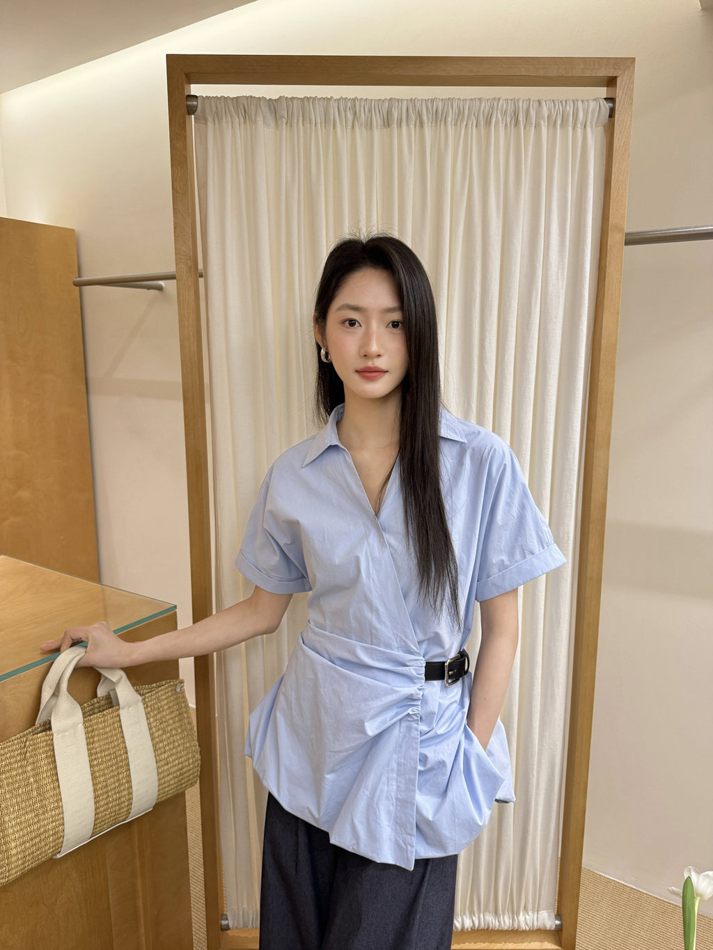 Belted Wrap Peplum Blouse Shirt Top