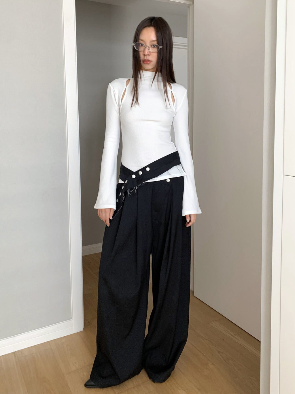 Mock Neck Ribbed Long Sleeve Cutout Top