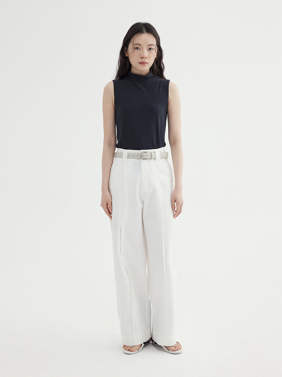 High Waist Double Pleated Straight Leg Tencel Trousers with Belt