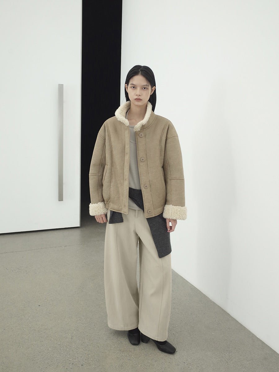 Love and Nancy Thirteen Lines Minimalist Winter Vintage Bane Style Wool Collar Patchwork Thickened Warm Fur Integrated 03511