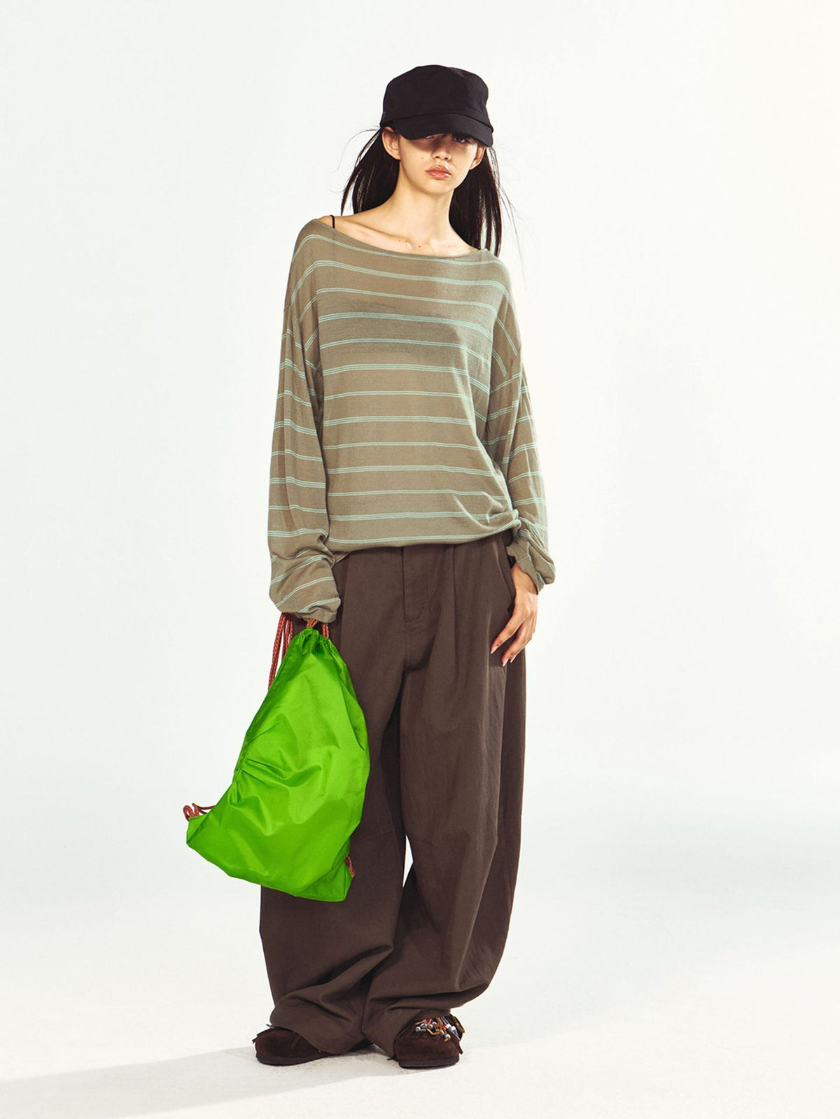 Soft Ultra-fine Wool Off-shoulder Striped Long-sleeve Top