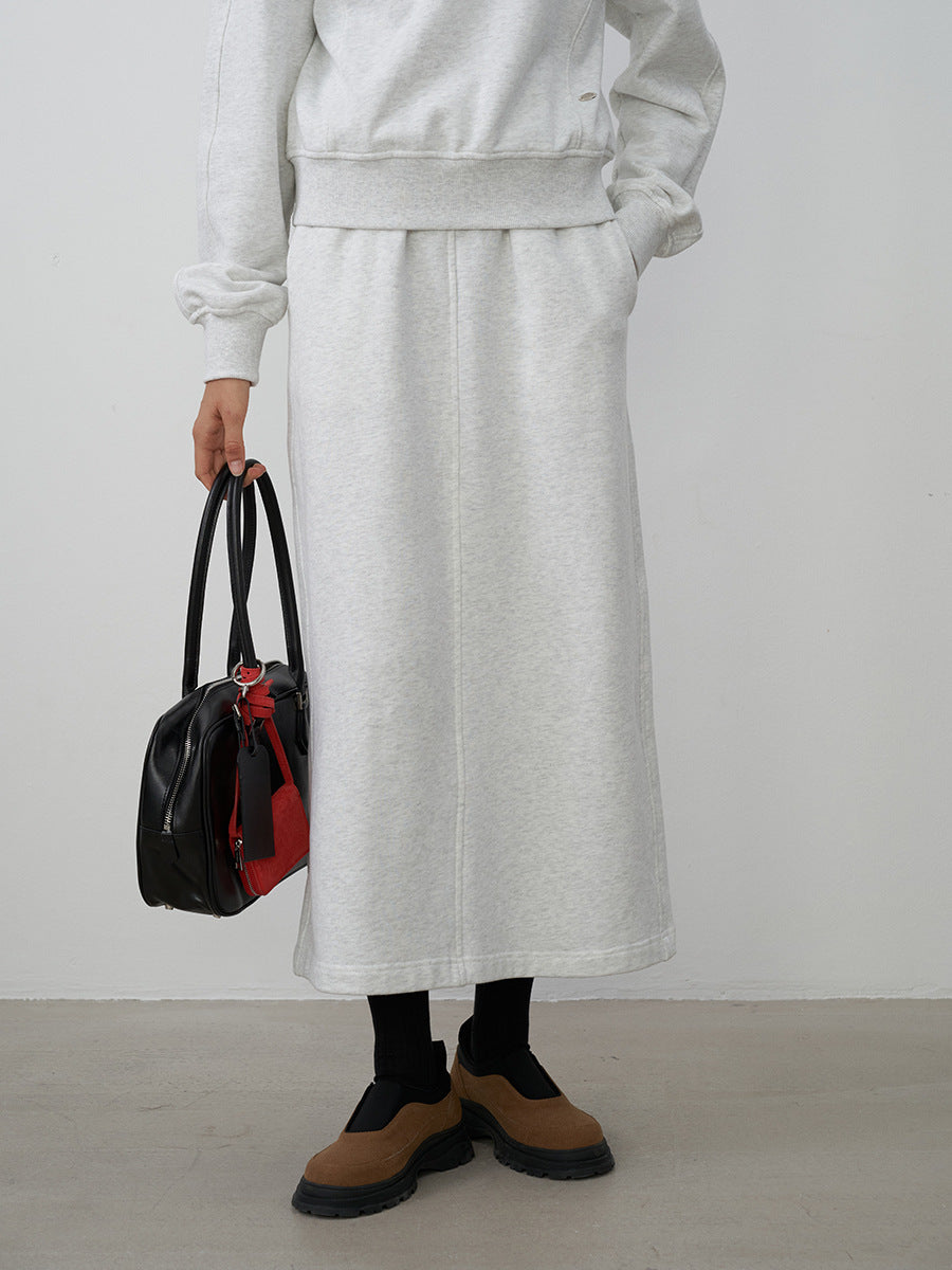 Pure Cotton Elastic Waist Slit Casual Midi Skirt