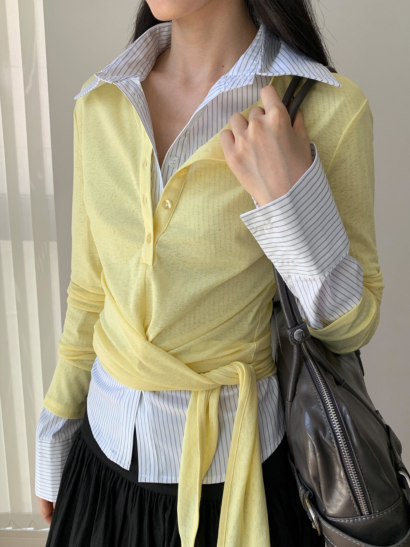 Lightweight Sheer Slim Fit Strap Long Sleeve Cardigan T-shirt with Half Neck Button