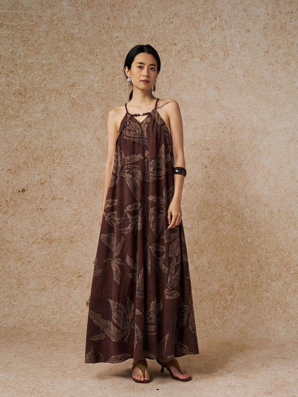 Vacation Style Leaf Pattern Halter-neck Breathable Maxi Dress