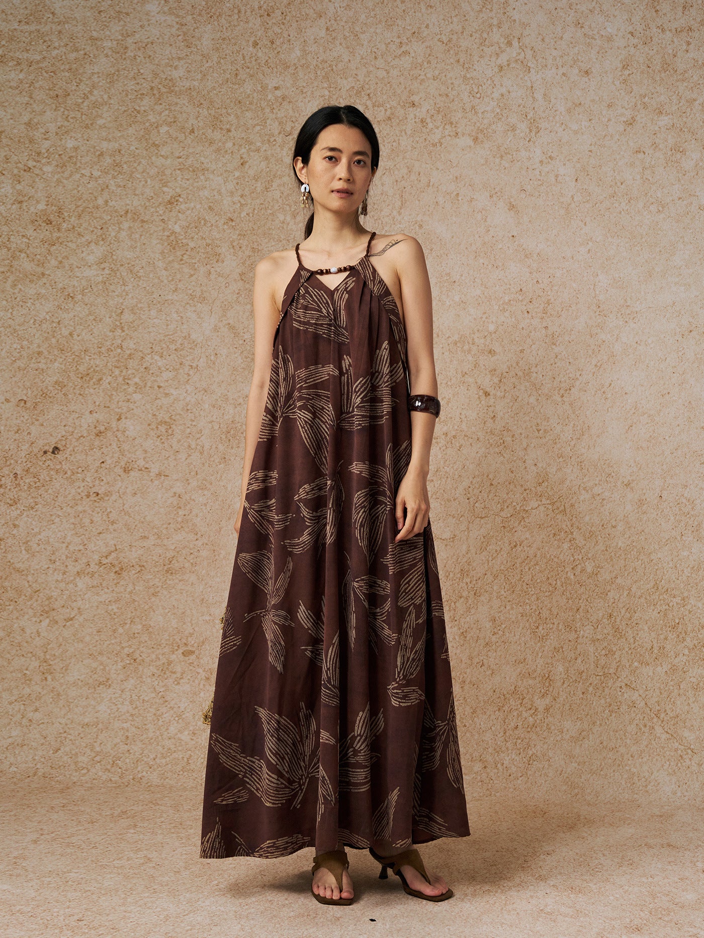 Vacation Style Leaf Pattern Halter-neck Breathable Maxi Dress