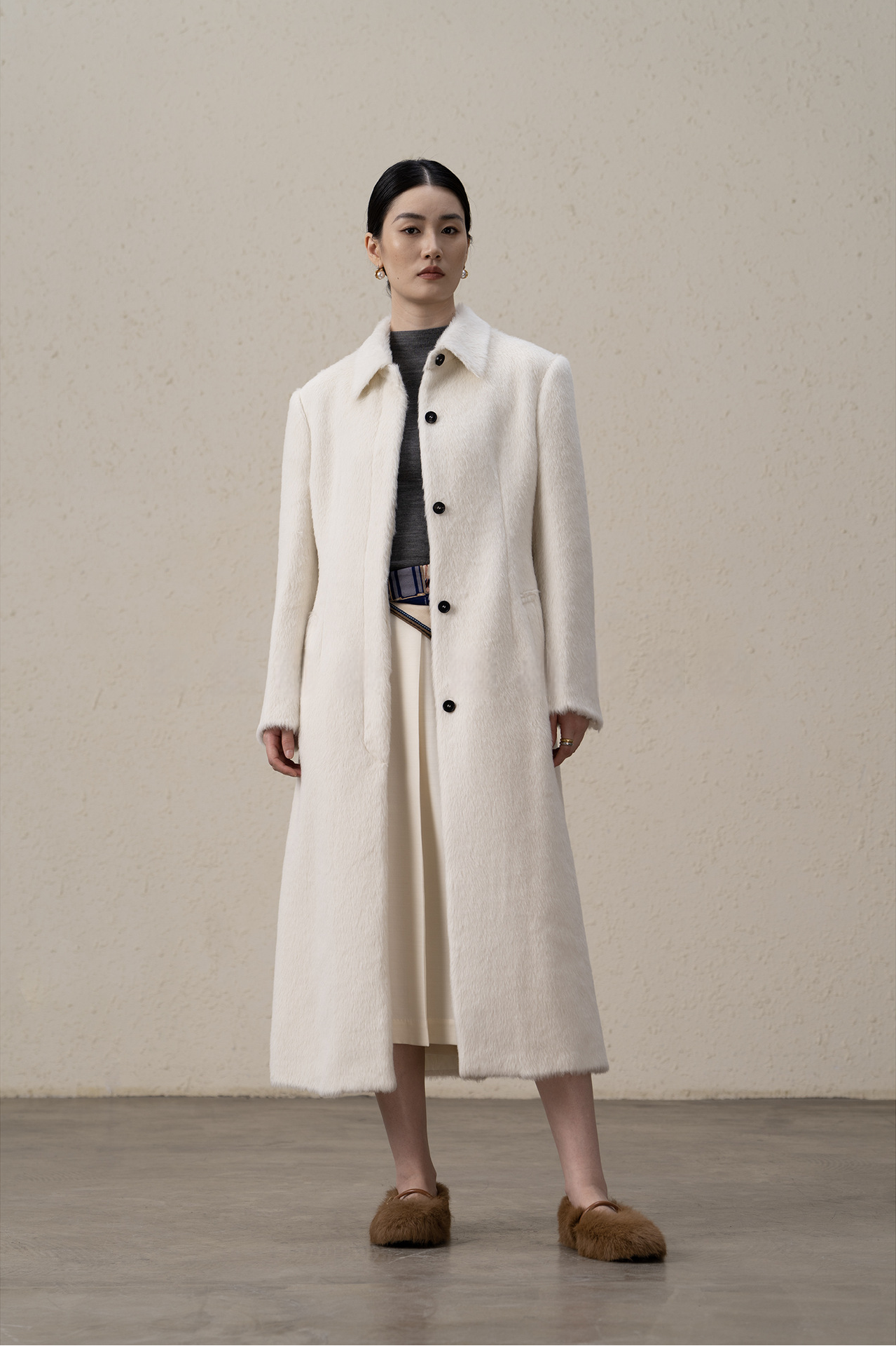 Suri Alpaca & Merino Wool Buttoned Shearling Long Coat