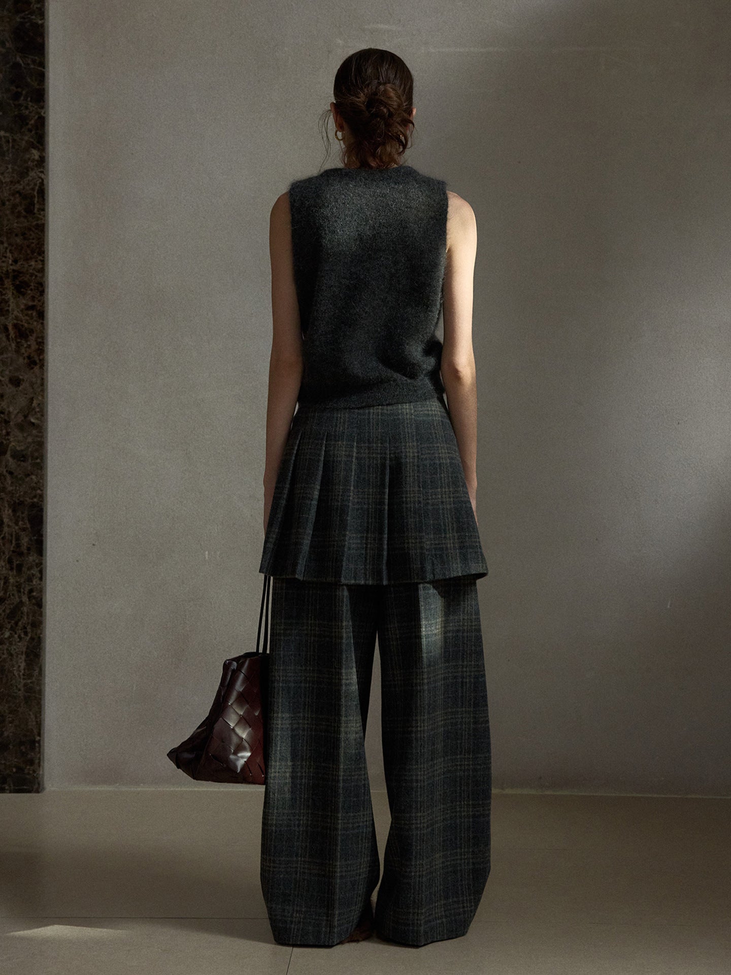 Wool Vintage Style Plaid Pleated Short Skirt