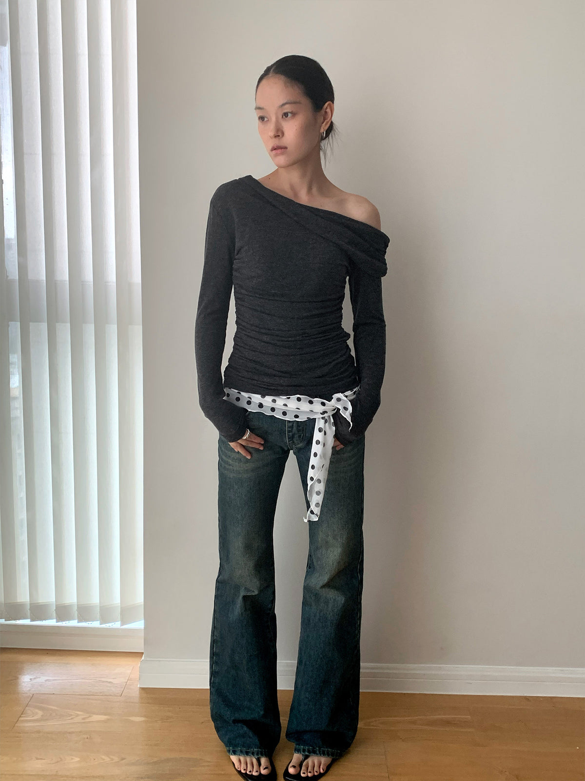 Off Shoulder Ruched Long Sleeve Slim Fit Top