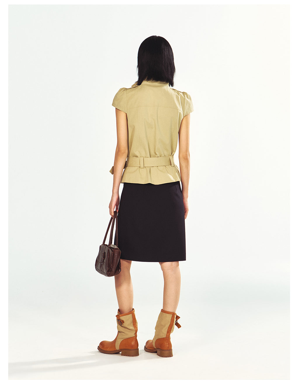 Fashionable Stand Collar Single-Breasted Buckle Lace-Up Jacket Top