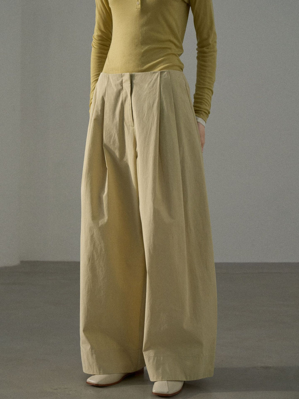 Cotton Brushed Triple Pleated Wide-leg Baggy Pants