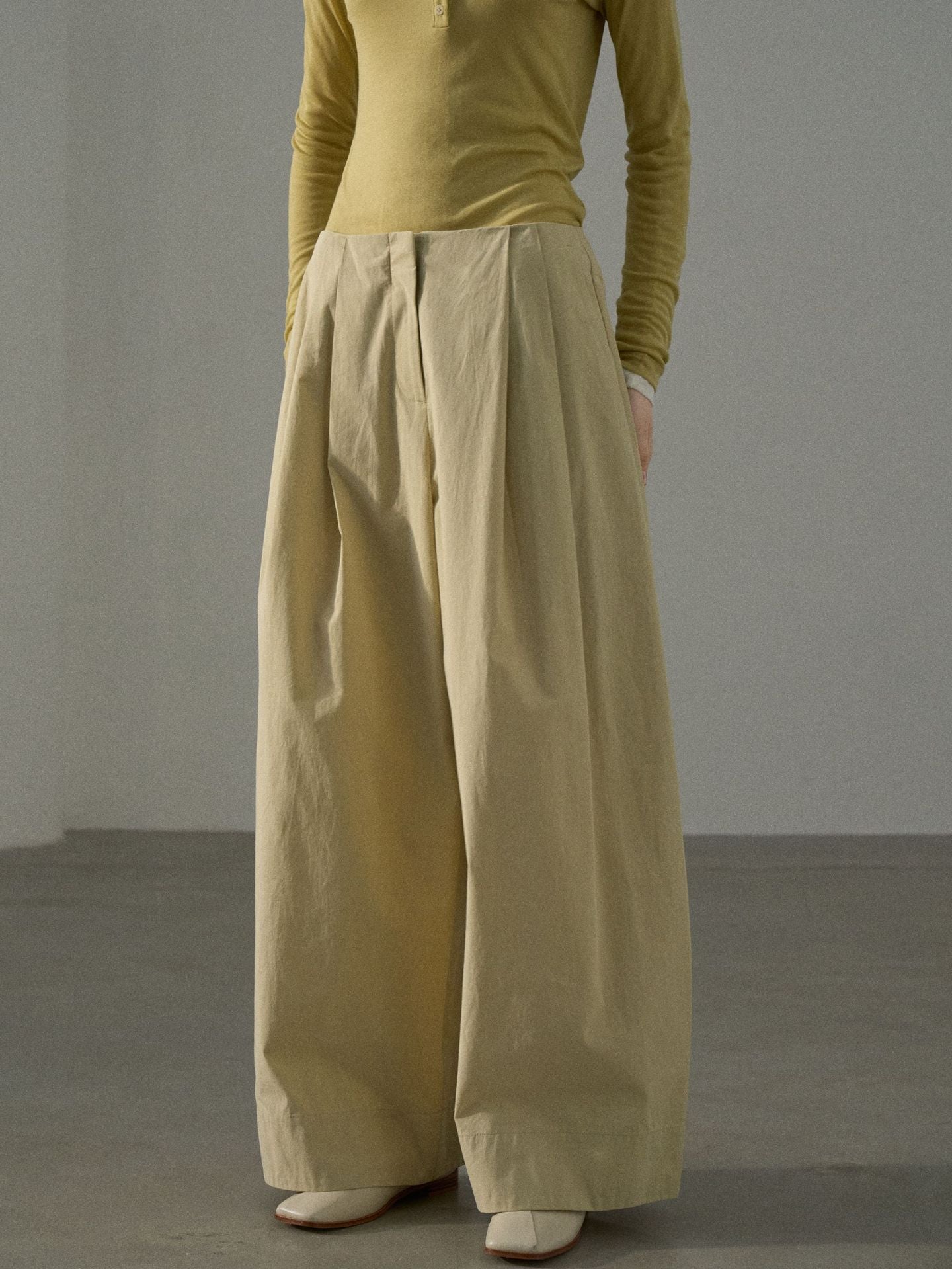 Cotton Brushed Triple Pleated Wide-leg Baggy Pants
