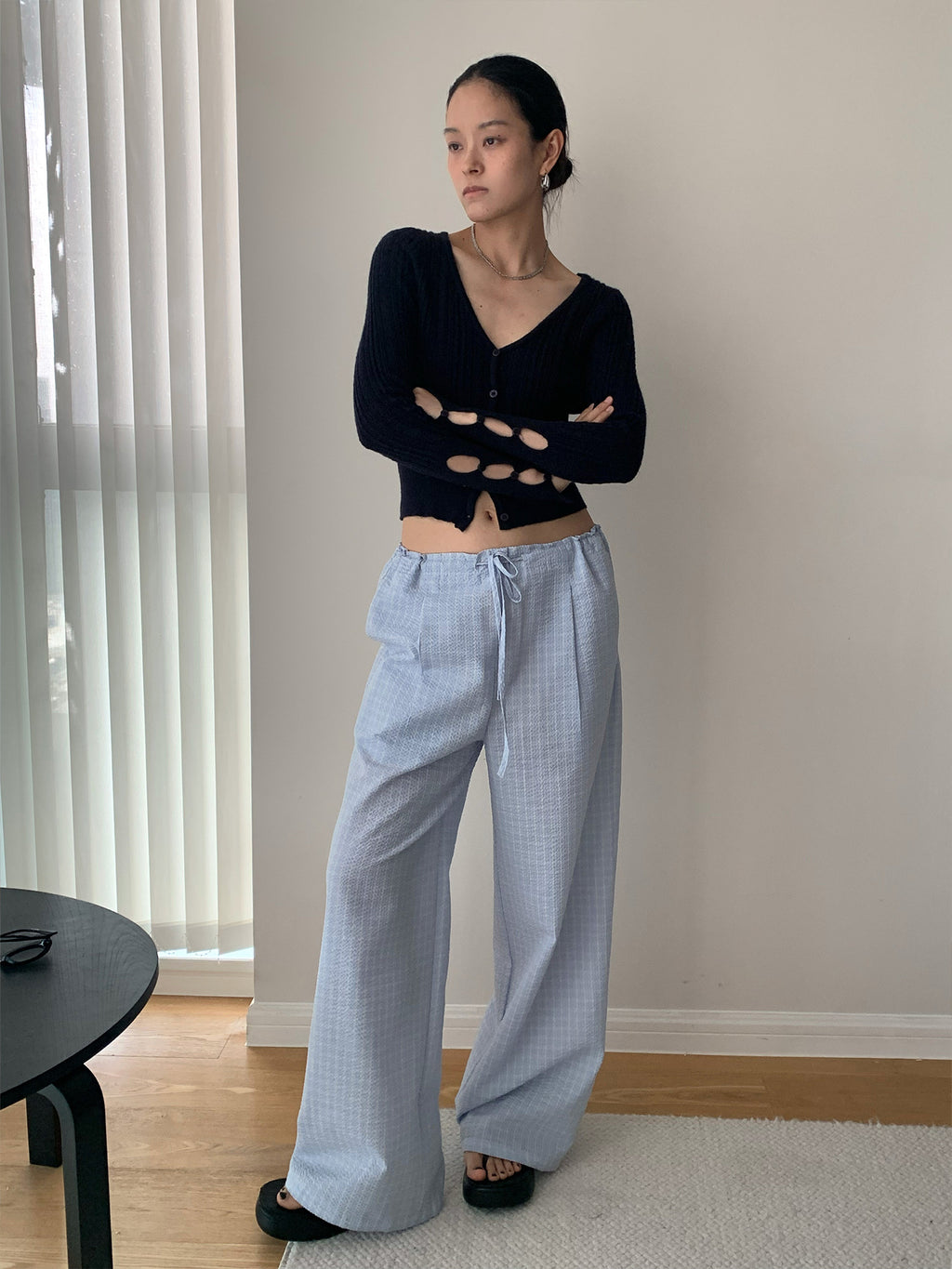 Drawstring Plaid Wide-leg Low-rise Pants