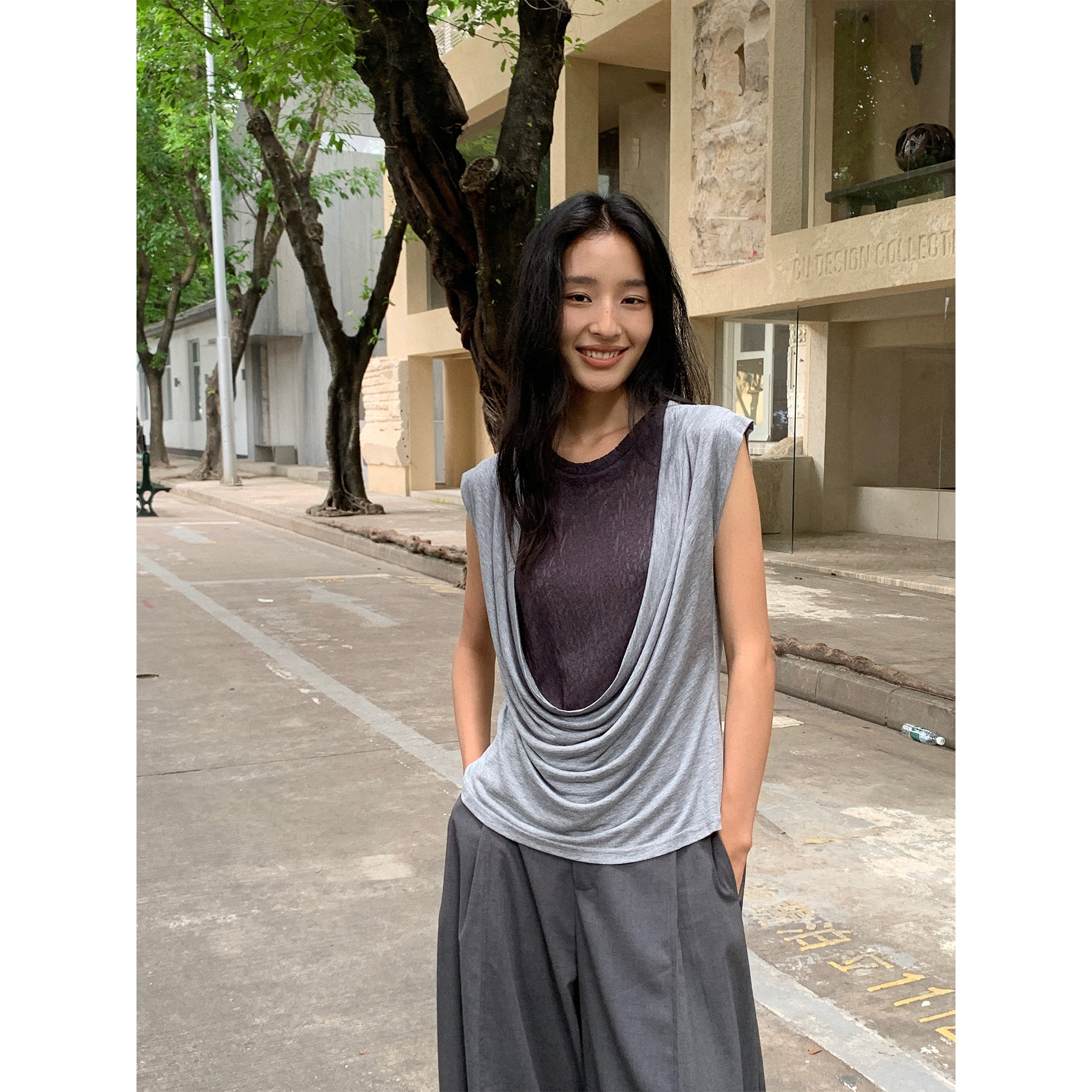 Linen Collar Colorblock Patchwork Fake Two-Piece Sleeveless Vest Top
