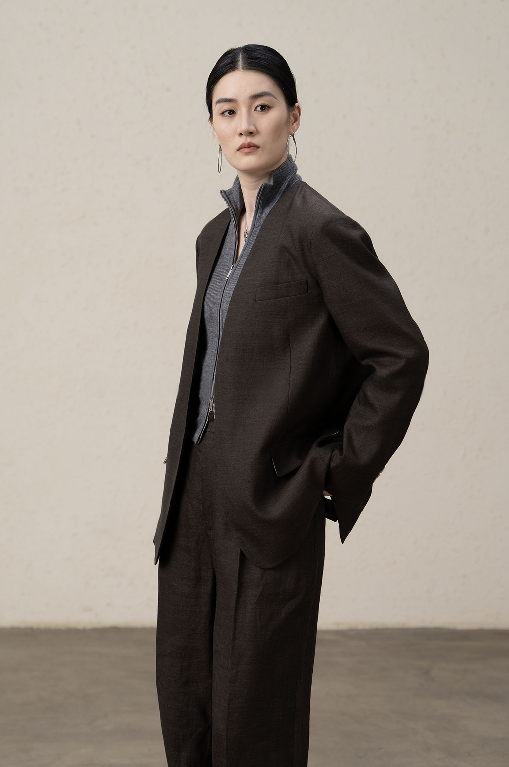 Premium Ramie Loose Oversized Suit Blazer and V-Neck Top
