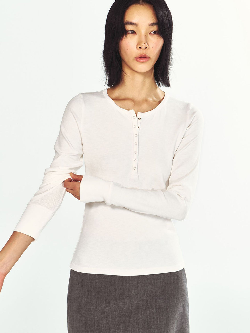 Ribbed Button-Front Long Sleeve