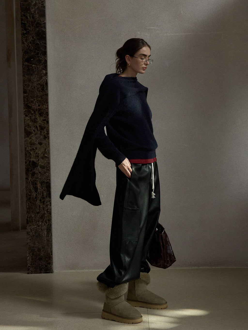 PU Leather Barrel Leg Drawstring Cargo Pants