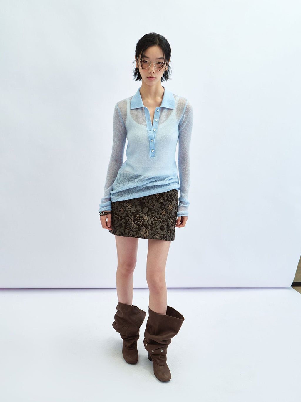 Sheer Layering Polo Collar Wool Knit Top