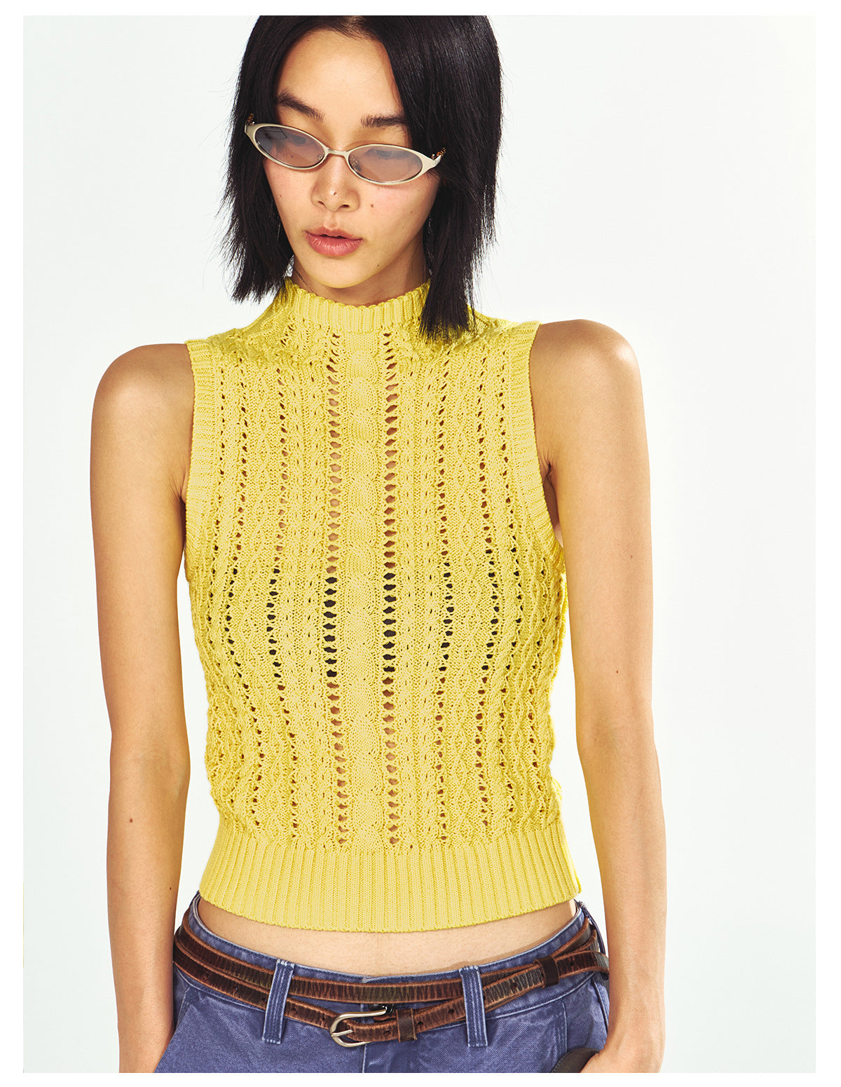 Openwork Knit Mock Neck Sleeveless Sweater Top