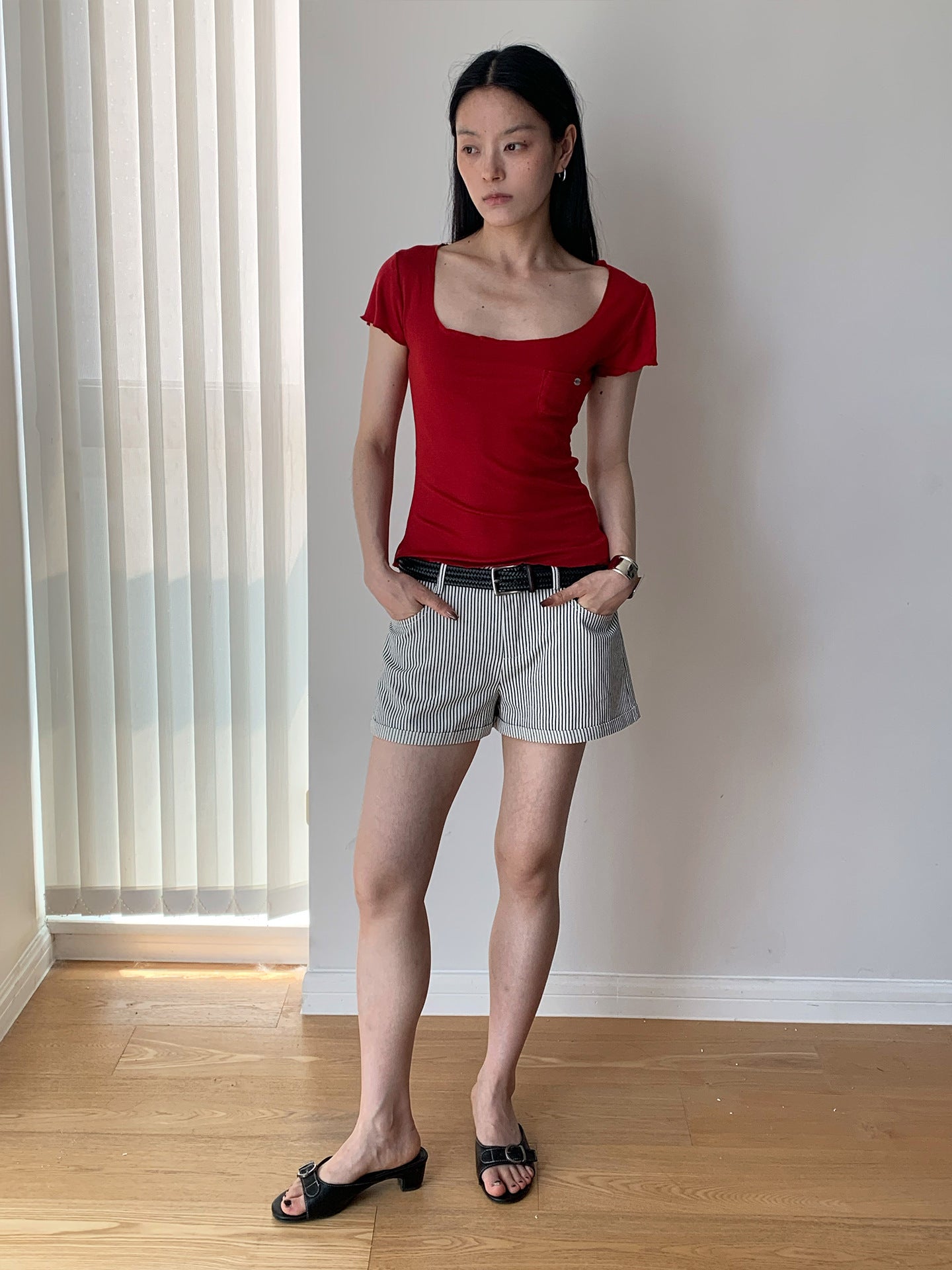Striped Casual Denim Low-Rise Shorts