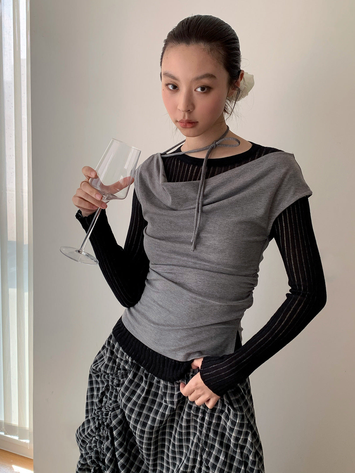 Cowl Neck Strap Detail Ruched Sleeveless Top