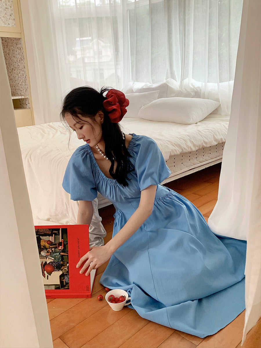 V-Neck Puffy Dress with Large Pockets