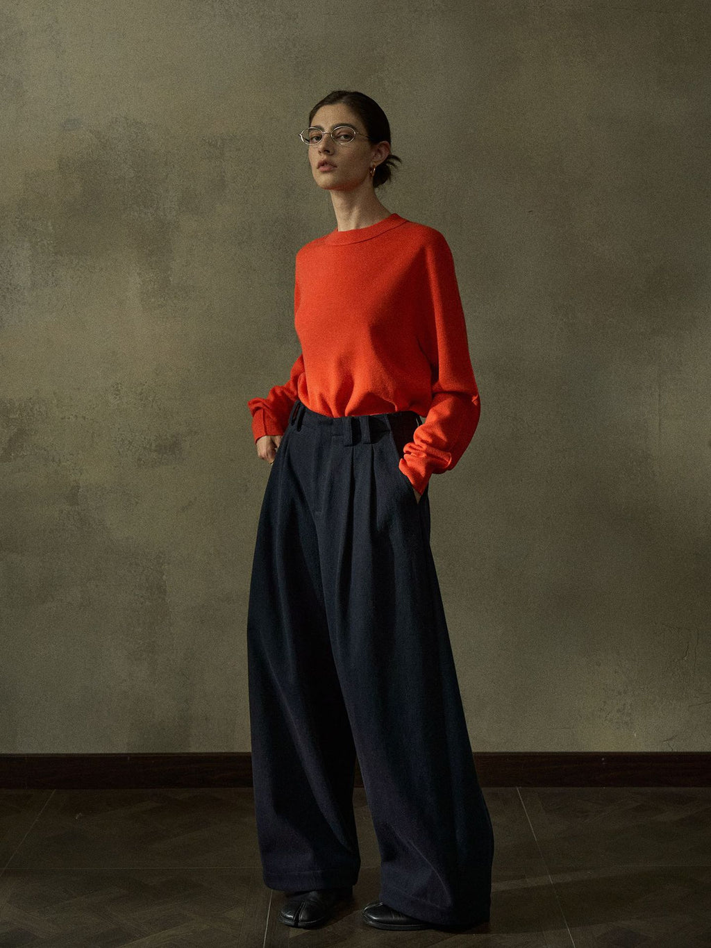 Twill Brushed Fleece Pleated Wide-Leg Pants