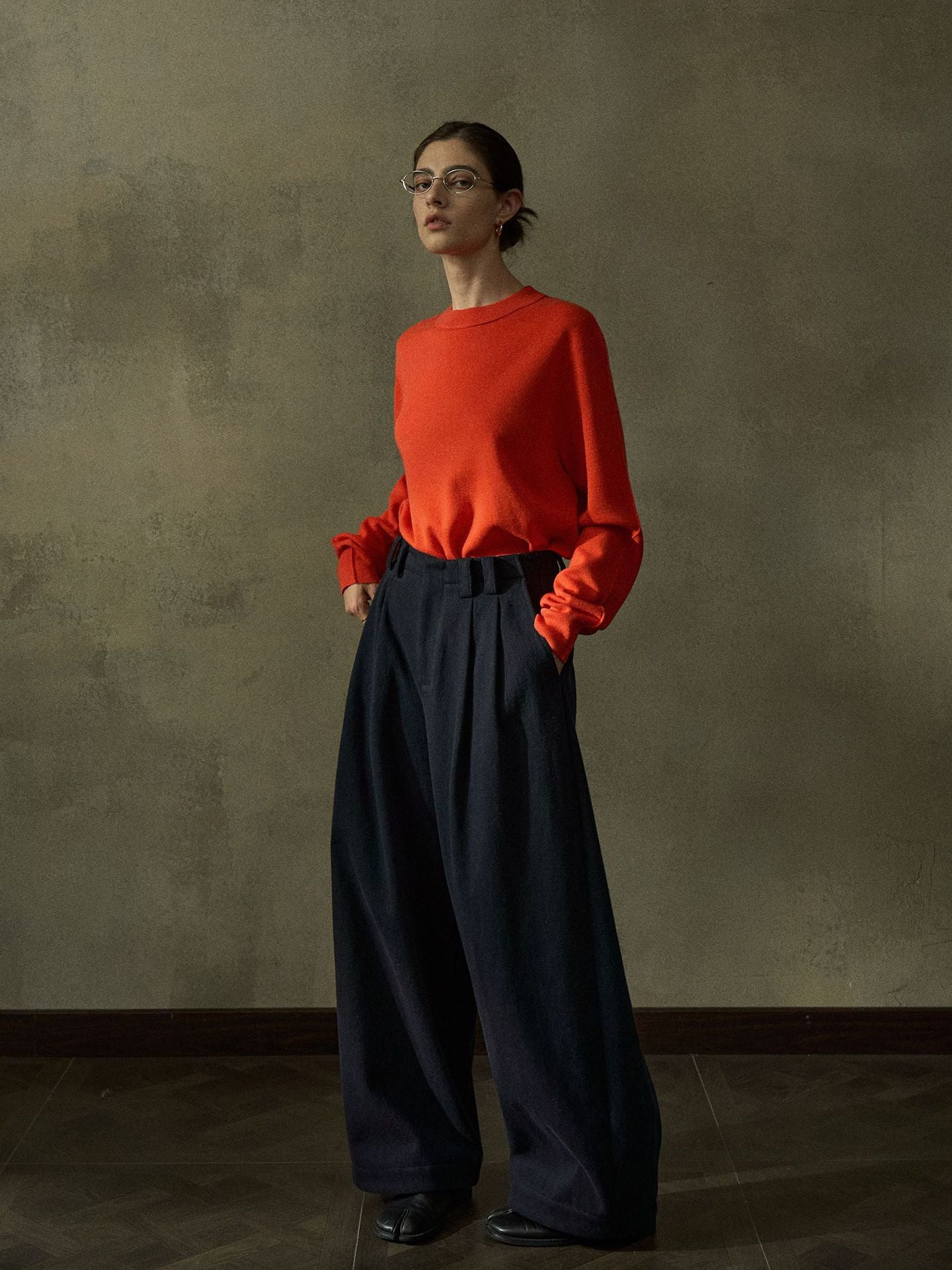 Twill Brushed Fleece Pleated Wide-Leg Pants