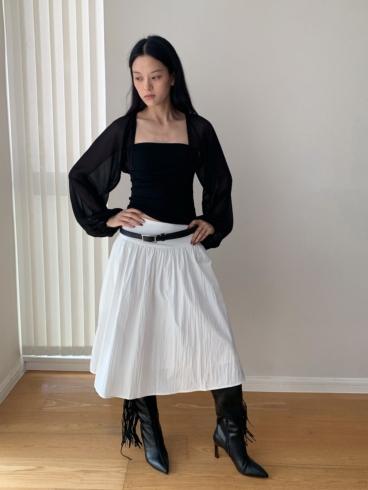 Mesh Lantern Long Sleeve Square Neck Top